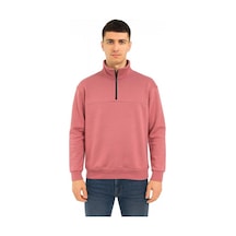 Unisex Relax Fit Rahat Kesim Pamuklu Yarım Fermuarlı Dik Yaka Sweatshirt - 7385 Pembe