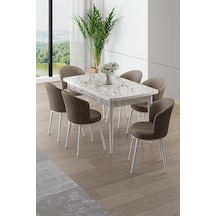 Canisa Asfel Serisi Mdf 77x130 Beyaz Mermer Desen Yandan Açılabilir Mutfak Masa Takımı 6 Cappucino Sandalye Beyaz Mermer Masa Cappucino Snadalye