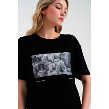 JAHR MARC Baskılı Siyah Oversize Kadın T-shirt - 3XL