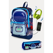 Coral High Kids Saks Mavi Astronot Desenli Usb'li 2'li Okul Çanta Seti - Erkek Çocuk