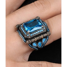 Aquamarine Taşlı Zirkon Taş Süslemeli 925 Ayar Gümüş Erkek Yüzüğü