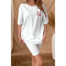 Kadın Baskılı T-shirt Kısa Kol Bisiklet Yaka Oversize Rahat Kalıp Tişört - Beyaz