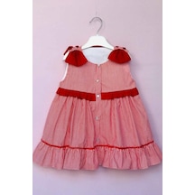 Fiyonk Ve Fırfır Detaylı Özel Tasarım Kız Çocuk Bebek Kırmızı Çizgili Elbise 001