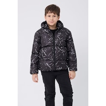 Erkek Çocuk Çıkabilir Kapüşonlu Su Ve Rüzgar Geçirmez Cepli Kışlık Şişme Mont & Kaban & Parka-62 Siyah