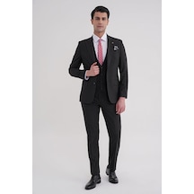 Efor Slim Fit Çift Yırtmaç Ekoseli Esnek Yünlü Yelekli Klasik Siyah Takım Elbise Tk 934 Siyah