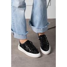 Aria 2410 Kadın Taşlı Kot Sneaker Ayakkabı Siyah Siyah