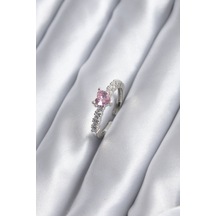 Gümüş Renk Zirkon Taşlı Pembe Kristal Kalp Model Kadın Yüzük - Çok Renkli