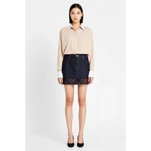 Benerly Kadın Mini Denim Etek Ekose Detaylı Kalem Kesim %100 Pamuk Casual Koyu Mavi
