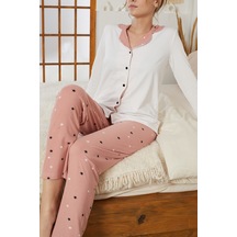 Siyah İnci Gömlek Yaka Düğmeli Milan Örme Pijama Takım25224001 Ekru