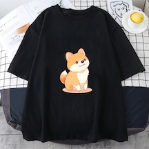 Tarzsokak Beyaz Shiba Inu Ve Yeni Yaz Yuvarlak Yaka Sevimli Köpek Desen Baskılı Trend Siyah