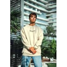 Oversize Bisiklet Yaka Baskılı Sweatshirt - Beyaz 001