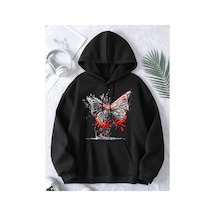 Tarzsokak Unisex Erkek/kadın Kelebek Renkli Özel Baskılı Oversize Kapüşonlu Sweatshirt Siyah