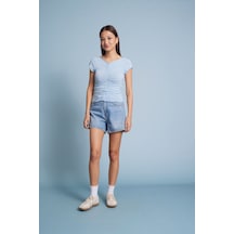 Büzgülü Fırfırlı Bluz Mavı