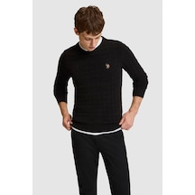 U.S. Polo Assn. Erkek Siyah Bisiklet Yaka Slim Fit %100 Pamuk Örgülü Basic Kazak 50327559-vr046