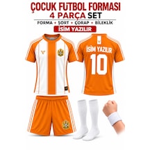 Yenteks İsim Yazılır Çocuk Futbol Forması Turuncu Beyaz Özel Tasarım 4 Parça Forma+şort+çorap+bileklik Turuncu - Beyaz