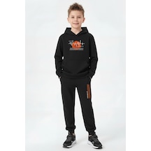 Panios Kids Kanguru Cepli Kapüşonlu Basketbol Baskı Detaylı Erkek Çocuk Eşofman Takımı Siyah