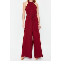 Ersefa Kadın Moda Standart Kol Geniş Paça Halter Yaka Uzun Kuşaklı Maxi Bordo