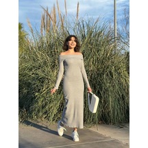 Biçomi Madonna Yaka Uzun Elbise Şardonlu Kumaş Gri W3753 Gri