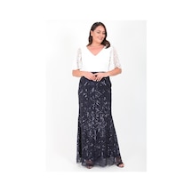 Ladies First Büyük Beden 3204 Lacivert Beyaz Uzun Abiye Elbise