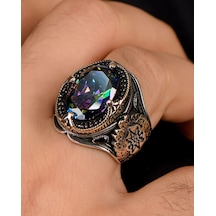 Prestij Gümüş 925 Ayar Gümüş Mistik Topaz Taşlı Zirkon Taş Süslemeli Erkek Yüzüğü