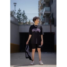 Welness T-shirt Şort - Siyah Alt Üst Kombin Şort Tişört Takım Baskılı Oversize Bisiklet Yaka Siyah