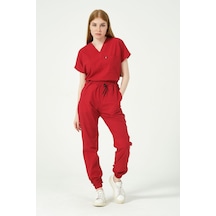 Kırmızı Likralı Scrubs Jogger Paça Doktor Hemşire Forması Yarasa Kol Takım Unisex