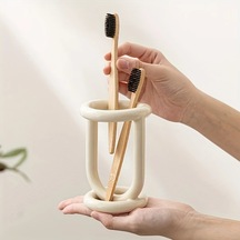 Elmpaly Bej Seramik Diş Fırçası Tutucu - Masada Diş Macunu Ve Fırça Düzenleyici Bej