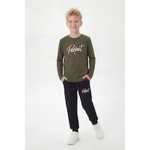 Panios Kids Yuvarlak Yaka Sweatshirt Paça Lastikli Eşofman Alt Baskılı Uzun Kollu Erkek Çocuk Alt Üst Takım Haki