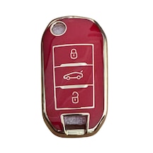Autohan Keys Peugeot İçin Anahtar Kılıfı, 3 Düğmeli, 301 307 308 208 508 2008 3008 Partner Van Uyumlu, Kırmızı-altın Renk, Premium Sustaıı Tasarım