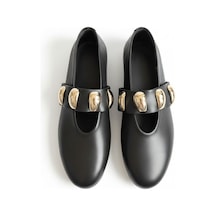 Ne&ve Shoes Siyah Hakiki Deri Gold Aksesuar Detaylı Lastikli Kadın Şık Ve Rahat Babet