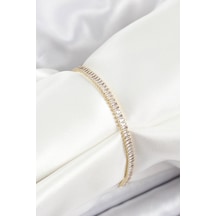 Pirinç Zirkon Taşlı İnce Su Yolu Model Gold Renk Kadın Bileklik - Tj-bb7034 Beyaz
