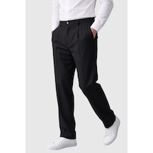 Rizzup Siyah Erkek Rahat Kalıp Tek Pileli Kumaş Pantolon Yanları Lastikli Esnek Smart Casual Pantolon 2600970