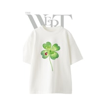 Thewert Clover Ladybug Tasarım Baskılı Ünisex Beyaz Oversize T-shirt