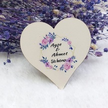 Prizma Çiçekli Kalp Ahşap Nikah Magnet UV Baskı Nişan He(30 Adet)