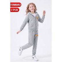 Panios Kids 3 İplik Baskılı Fermuarlı Kız Çocuk Eşofman Takımı Gri