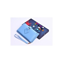 Ozka Leather Collection Özka Leather Telefon Bölmeli Trend Maça Klips Kadın Cüzdan - Anahtarlık Hediyeli Mavi Mavı