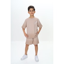 Toontoy Kids Toontoy Erkek Çocuk Yıkama Efektli Baskılı Şortlu Takım Bej