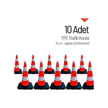10'lu Tpe Trafik Konisi Seti 75 Cm Ağırlıklı Çift Reflektifli Trafik Dubası-3608