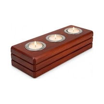 Bfa Store El Yapımı Ahşap Tealight Mumluk, Ceviz Rengi, 3 Mum Kapasiteli, 27x11x6 Cm, Dekoratif Hediyelik Altın