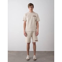 Erkek Çocuk Sırt Baskılı Pamuklu Oversize T-shirt Şort Takım-15798 Bej