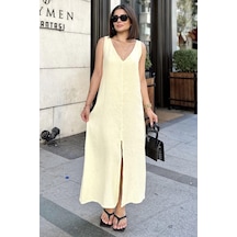 Sarı Askılı İthal Müslin Kumaş, Önü Ve Arkası V Yaka, Önden Yırtmaçlı, Maksi/uzun Salaş Elbise Sarı