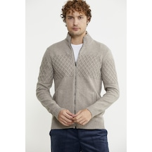 Yakası Suni Kürk Detaylı Triko Mont - Vizon 001