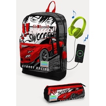 Coral High Kids Siyah Kırmızı Anime Araba Desenli Usb'li 2'li Okul Çanta Seti Set0223847