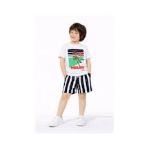 Cg Kids Malibu Kabartma Baskılı Tshirt Çizgili Lacivert Şort İle Süper Kalite Laci Vert
