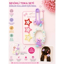 5'li Set Unicorn Figürlü Büzgülü Lastik Ve Yıldız Çıtçıt Çocuk Saç Tokası Seti - Farklı Renk Seçenekli Mor