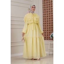 Sevitli Fırfır Detaylı Roza Tesettür Elbise-sarı-5776