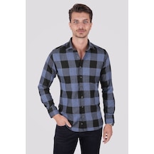 Mavi Siyah Dama Desenli Slimfit Oduncu Gömlek Mavi