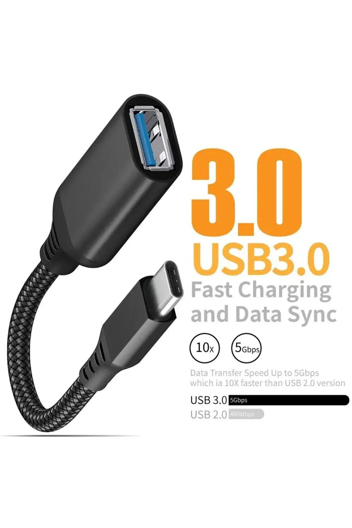 Hızlı Veri Aktarma Usb 3.0 Otg To Type-c Data Şarj Çevirici Dönüştürücü Hasır Kablo Siyah