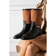 Dabab Shoes Frost Kadın Taba Cilt Ve Deri Tozu Garnili Metal Toka Detaylı Sıcak Astarlı Kaymaz Taban 3 Cm Topuklu Orta Konç Çizme