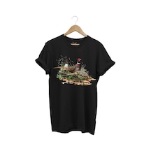 Avcılık Halka Boyunlu Bayağı Sülün Tavus Kuşu Doğa Ağaç Baskılı Regular Fit Siyah T-shirt Siyah